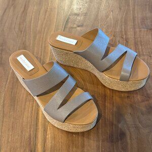 See By Chloe Dania Leather Cork Wedge Platform Sandals Pebble Gray Taupe